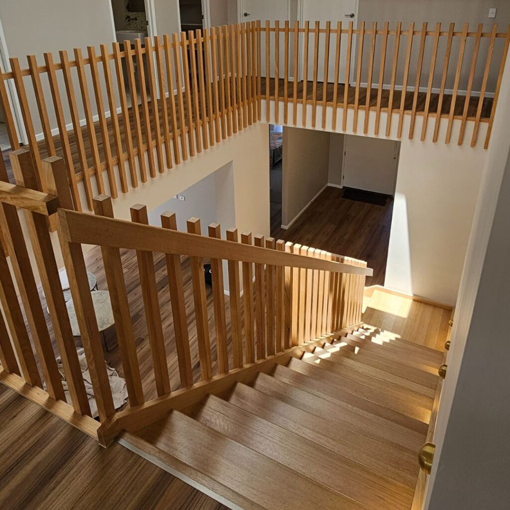Timber stair with timber balustrade viewed from above
