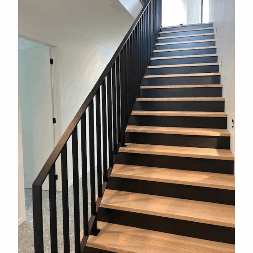 Looking up staircase with powder coated balustrade